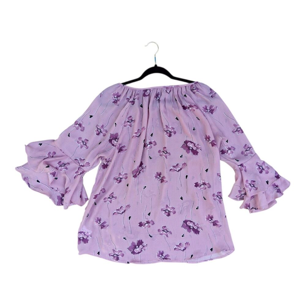 CHAPS XL Pink Mauve Floral Tiered Bell Sleeve Blouse Off-Shoulder Boho Top - Picture 2 of 5